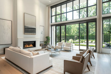 Modernes Wohnzimmer mit großen Leinwandbildern über dem Kamin und bodentiefen Fenstern – Inspiration für leinwandbilder wohnzimmer und wandbilder wohnzimmer modern.