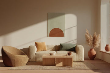 Japandi Wohnzimmer mit Leinensofa, Holzcouchtisch und minimalistischer Zen-Wandkunst