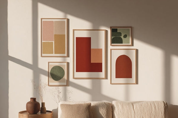 Moderne Gallery Wall mit abstrakten Postern und Line Art in Erdtönen