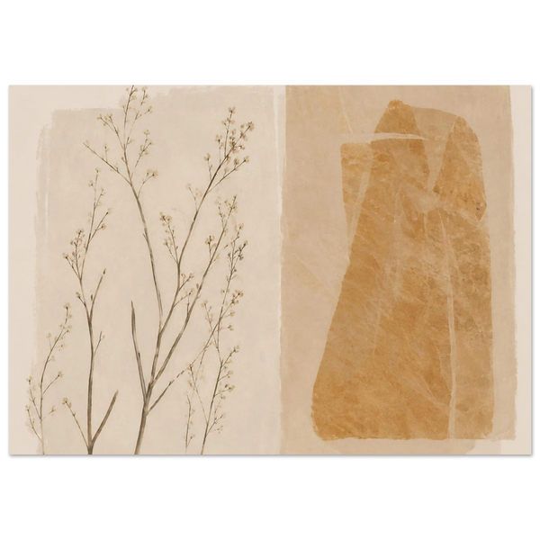 Japandi Kunstdruck im Querformat – Diptychon mit zarten Wiesenblumen auf hellem Hintergrund links und abstrakter Bernstein-Form auf warmem Beige rechts, Wabi-Sabi Wanddeko