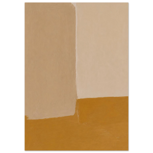 Abstrakter Japandi Kunstdruck – große Farbfeldkomposition mit sandfarbenem Rechteck auf warmem Ocker-Grund, an Rothko erinnernde minimalistische Wanddeko für Wohnzimmer