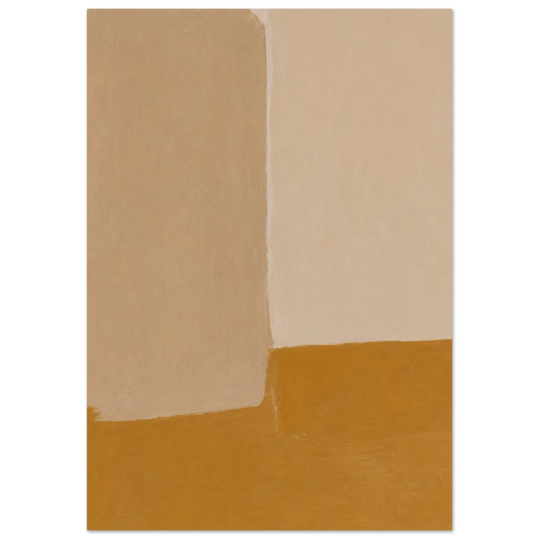 Abstrakter Japandi Kunstdruck – große Farbfeldkomposition mit sandfarbenem Rechteck auf warmem Ocker-Grund, an Rothko erinnernde minimalistische Wanddeko für Wohnzimmer
