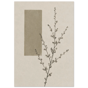 Minimalistischer Japandi Kunstdruck – botanischer Zweig mit kleinen Knospen und geometrischem Rechteck in Taupe und Beige, Wabi-Sabi Wanddeko