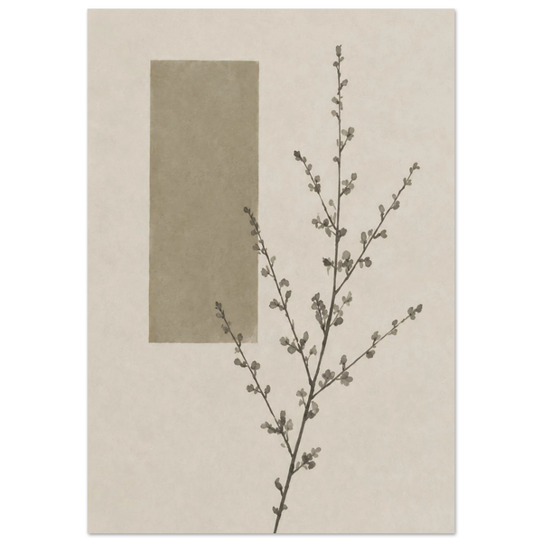 Minimalistischer Japandi Kunstdruck – botanischer Zweig mit kleinen Knospen und geometrischem Rechteck in Taupe und Beige, Wabi-Sabi Wanddeko