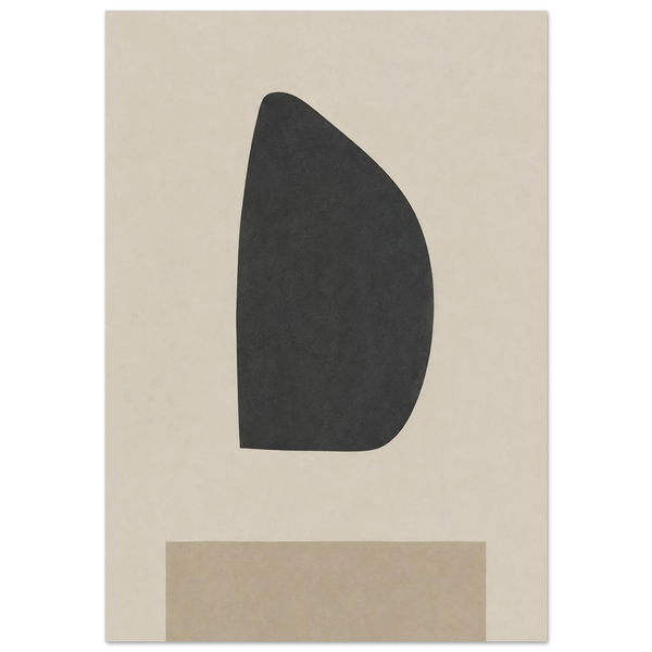 Minimalistischer Japandi Kunstdruck – dunkle Halbmond-Form und Taupe-Rechteck mit bewusstem Negativraum, japanisches Ma-Prinzip als abstrakte Wanddeko