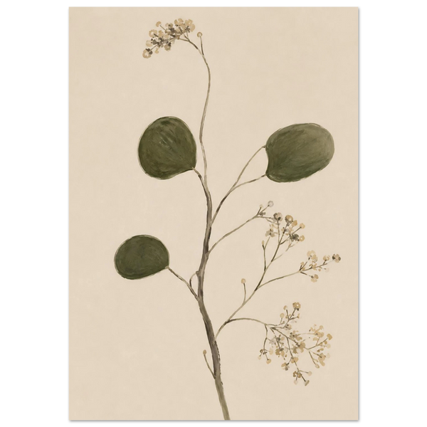 Botanischer Japandi Kunstdruck – Pflanzenstiel mit runden olivgrünen Blättern und zarten Schleierkraut-Blüten in Beige, Aquarell-Stil auf cremefarbenem Hintergrund