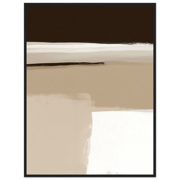 Last Shore gerahmter Kunstdruck – starker Kontrast zwischen dunklem Olivbraun und cremefarbenem Feld, minimalistisches abstraktes Wandbild mit Rahmen