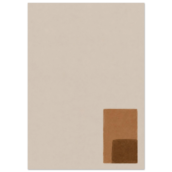 Minimalistischer Japandi Kunstdruck – kleine Komposition aus Caramel-Rechtecken in der unteren rechten Ecke auf großflächigem Beige, japanisches Ma-Konzept als Wanddeko
