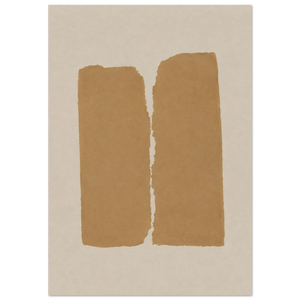 Abstrakter Japandi Kunstdruck – zwei vertikale Blöcke in warmem Ocker und Caramel auf cremefarbenem Hintergrund, minimalistisches Wandbild für Wohnzimmer