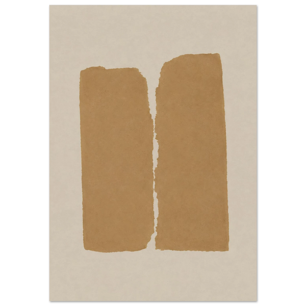 Abstrakter Japandi Kunstdruck – zwei vertikale Blöcke in warmem Ocker und Caramel auf cremefarbenem Hintergrund, minimalistisches Wandbild für Wohnzimmer