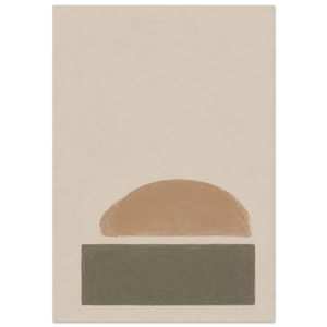 Abstrakter Japandi Kunstdruck – sandfarbener Halbkreis über olivgrünem Rechteck auf Beige, geometrische Wanddeko im Wabi-Sabi Stil für Wohnzimmer und Schlafzimmer