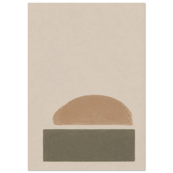 Abstrakter Japandi Kunstdruck – sandfarbener Halbkreis über olivgrünem Rechteck auf Beige, geometrische Wanddeko im Wabi-Sabi Stil für Wohnzimmer und Schlafzimmer